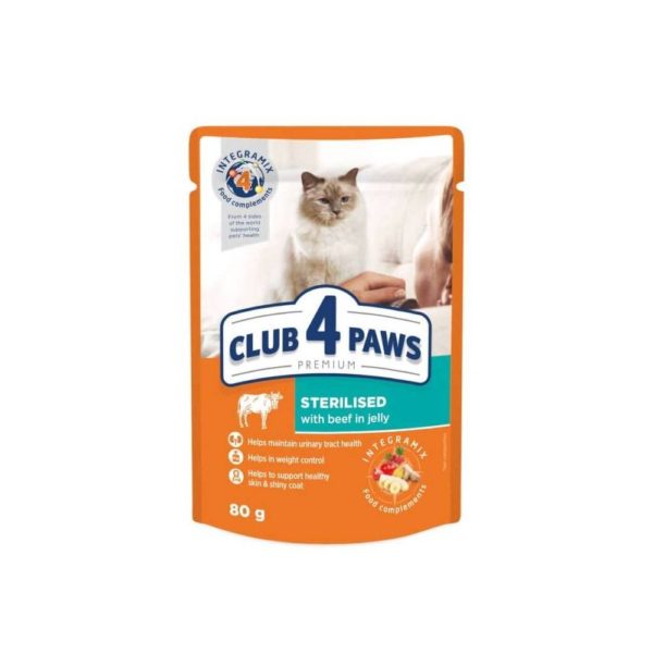 Υγρή τροφή Γάτας Club 4 Paws Sterilized Beef in Jelly με Βοδινό σε Ζελέ 80g.